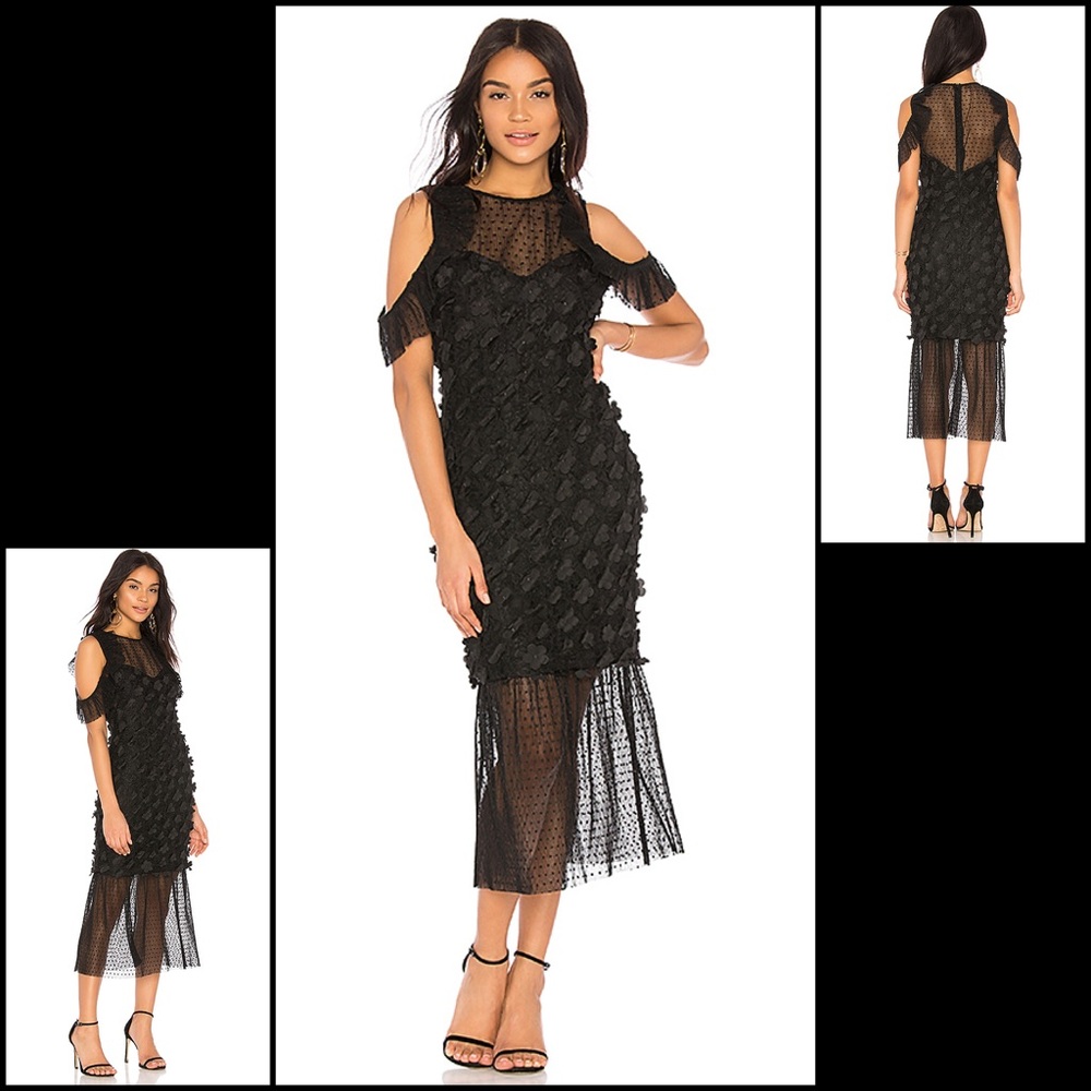 Elliatt Black Floral Appliqué Lace Polka Dot Tulle Mesh Ruffle Midi Maxi Dress